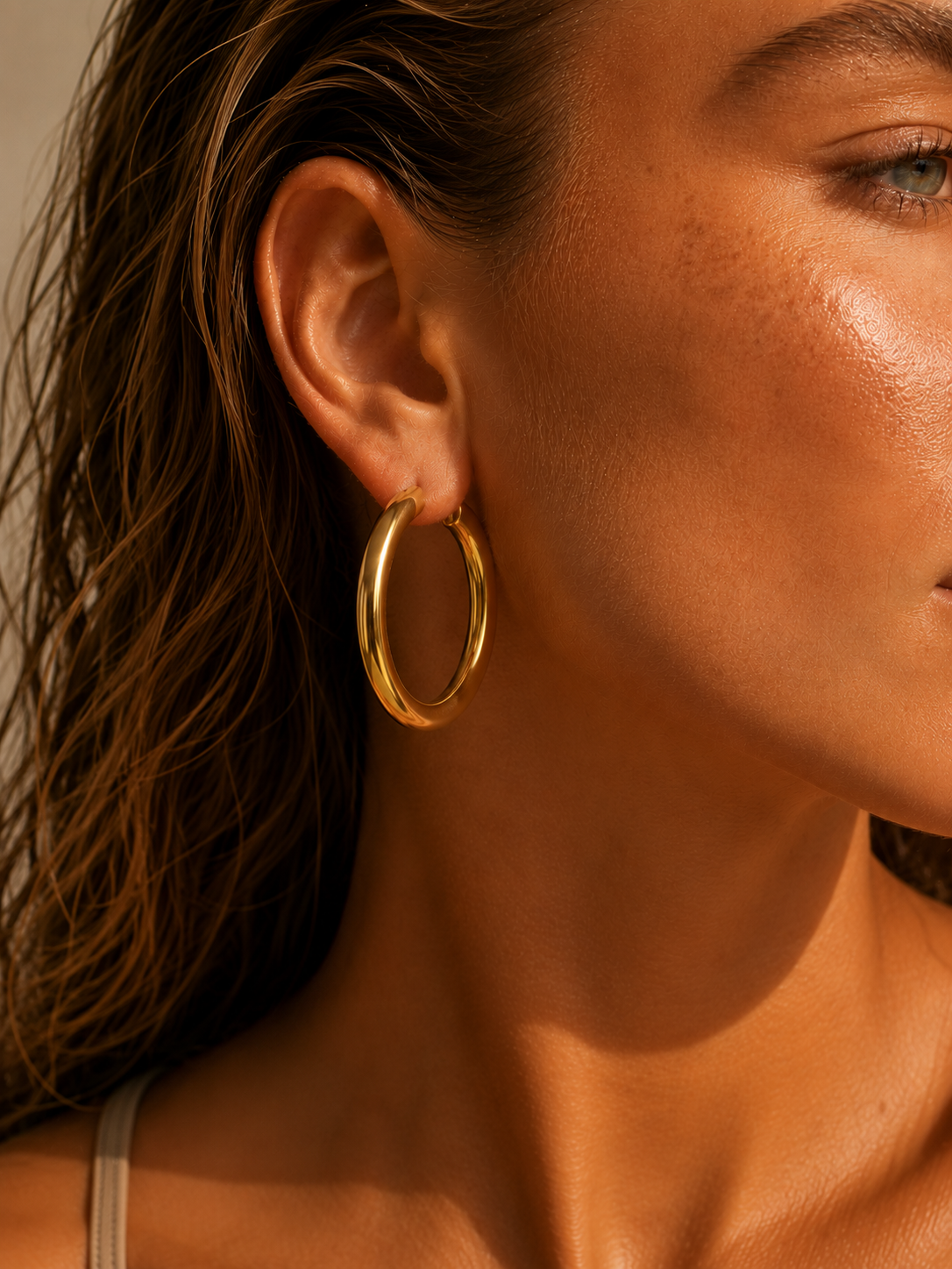 Náušnice Aura Hoops o velikosti 24 mm na modelce.
